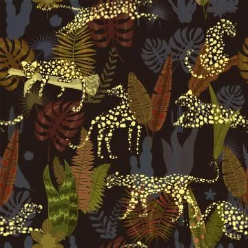 Leopard seamless pattern with tropical leaves Stock Illustration