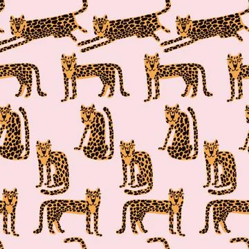Leopard seamless pattern. Wild animal leopard print. Cartoon funny gepard. 스톡 일러스트