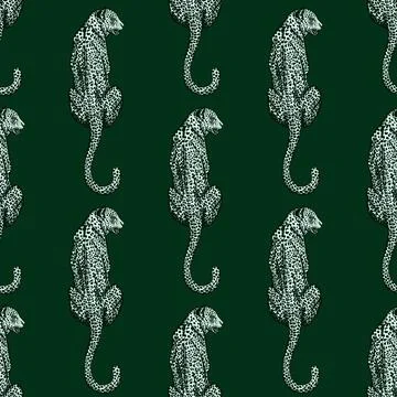 Leopard sit back seamless pattern. Vintage wildlife animals background. Stock Illustration