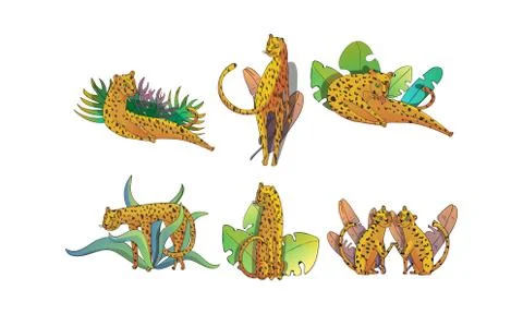 Leopard Sitting and Lying on Palm Leaves Vector Set. Stylized Funny African Stock Illustration