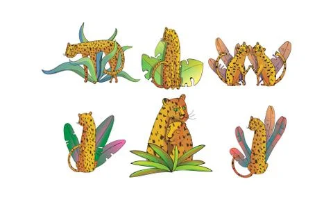 Leopard Sitting and Standing on Palm Leaves Vector Set. Stylized Funny African Stock Illustration