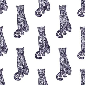 Leopard sitting seamless pattern. Vintage wildlife animals background. Stock Illustration