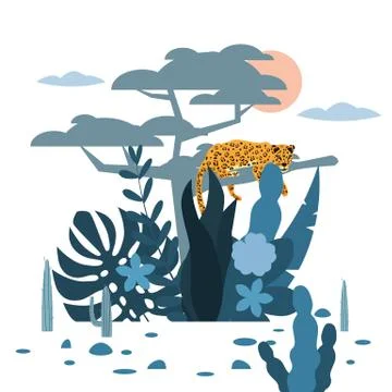 Leopard sitting on a tree, cute, plant and tree background, graphic trend style Stock Illustration