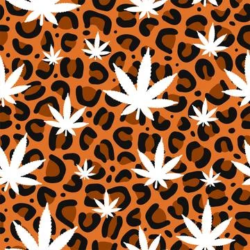 Leopard skin and weed leaf seamless pattern art.Vector style cartoon Stock Illustration