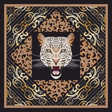 Leopard skin pattern.Golden floral elements.Cheetah head.Animal vector Stock Illustration