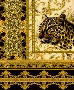 Leopard skin texture and cheetah head with golden borders, floral paisley. Stock Illustration