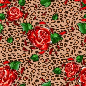Leopard skin texture with seamless red rose flowers.Animal fur pattern Illustrazione stock