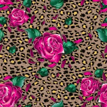 Leopard skin texture with seamless rose flowers. Animal fur pattern. Stock Illustration