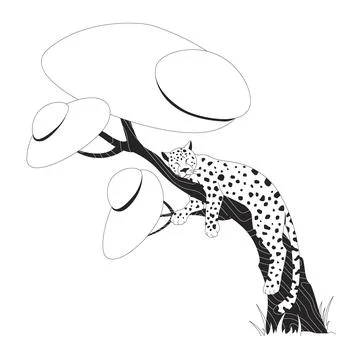 Leopard sleeping on tree 2D line character Stock Illustration