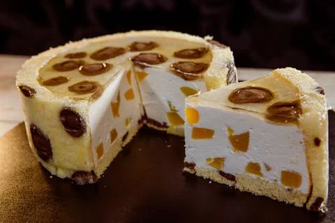 Leopard sponge cake with fruit and mousse Stock Photos