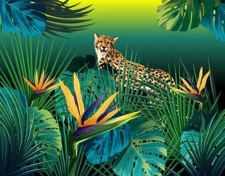 Leopard in tropical background Stock Illustration