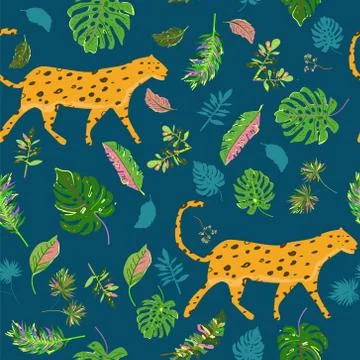 Leopard tropical seamless pattern with leaves and flowers. Vector illustratio Stock Illustration