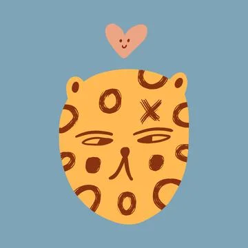 Leopard Valentines cat face groovy cute comic character boho doodle modern art イラスト素材