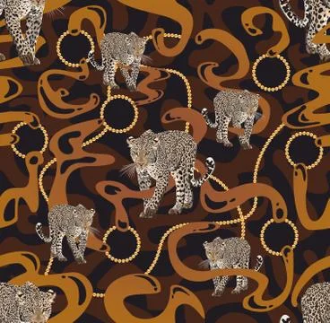 Leopard walking graphic design with gold accessories. Golden chains. Stock Illustration