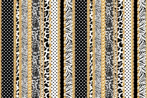 Leopard, Zebra and black dots with gold chains pattern ready for textile prints. Stock Illustration