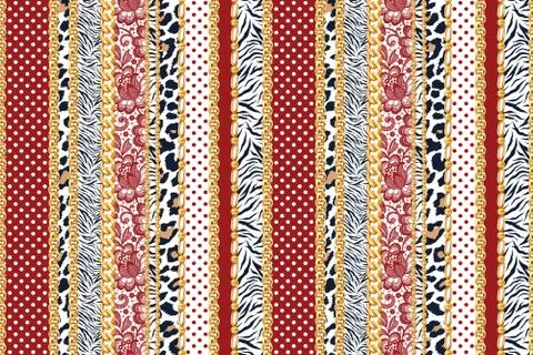 Leopard, Zebra and red dots with gold chains pattern ready for textile prints. Stock Illustration