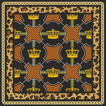 Leopard,chain, crown pattern for scarf, shawl, bandanna, kerchief, silk fabrics. Stock Illustration