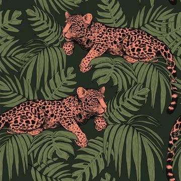 Leopards on the branches of a tree. Seamless pattern of tropical leaves and l Stock Illustration