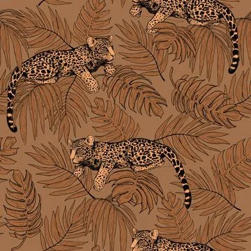 Leopards on the branches of a tree. Seamless pattern of tropical leaves and l Stock Illustration