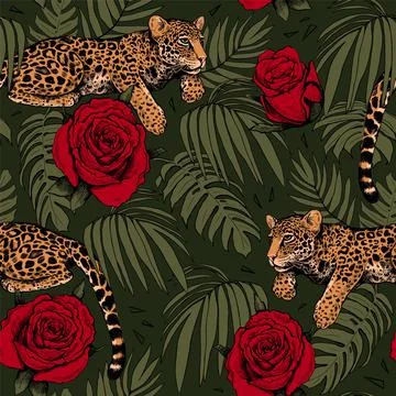 Leopards on the branches of a tree. Seamless pattern of tropical leaves, flow Stock Illustration