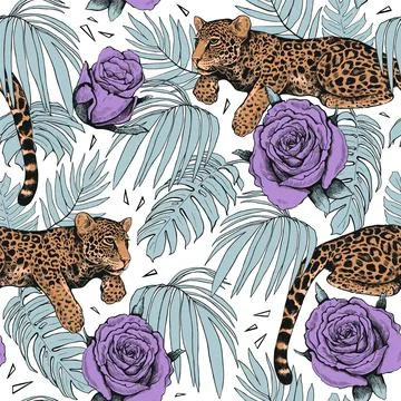 Leopards in the jungle with flowers. Seamless pattern of tropical leaves and  Stockillustratie