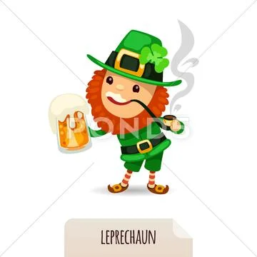 Leprechaun with beer smokes a pipe Stock Illustration