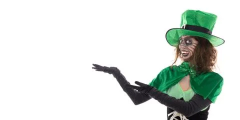 Leprechaun girl showing on copyspace, isolated on white 写真素材