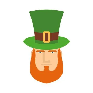 Leprechaun in green hat face. Head with Red beard. Portrait for St. Patrick.. Stock Illustration