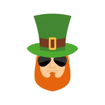 Leprechaun in green hat face. Head with Red beard. Portrait for St. Patrick.. Stock Illustration
