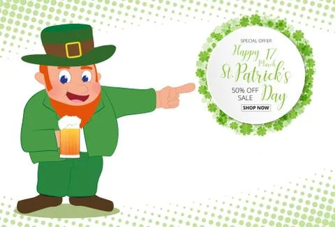 Leprechaun  hand point to special offer sale text  green  clover leaves  ba.. Иллюстрация