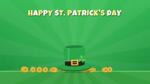 Leprechaun hat dropping and bursting out gold coins with Happy St Patricks Day Stock-Footage 348330054