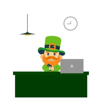 Leprechaun in office with computer, St. Patrick's Day illustration Stock Illustration