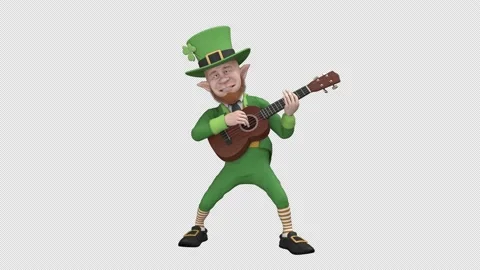 Leprechaun playing guitar - 3d render looped with alpha channel. Video stock 222567672