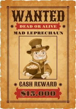 Leprechaun wanted poster with old paper texture Stock Illustration
