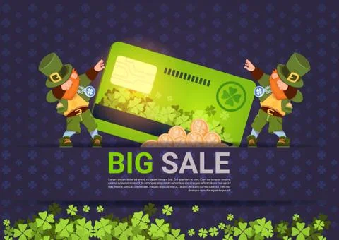 Leprechuns Hold Credit Card Sale For St. Patricks Day Holiday Poster Template Stock Illustration