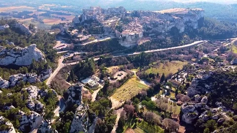 Les Baux de Provence. Medieval fortress on top of the mountain. Aerial view Stock Footage 336028138