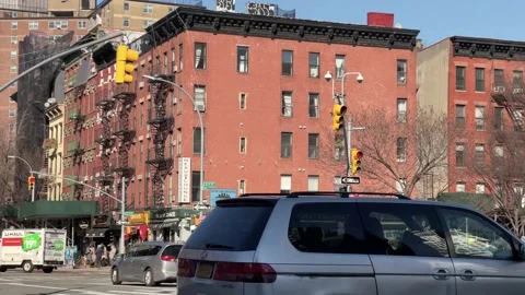 LES Lower East Side turning corner driving street downtown life Manhattan NYC Stock-Footage 150812229