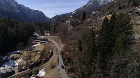 Les Marecottes road and train - Aerial 4K Stock Footage 87176435