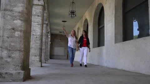 Lesbian couple holds hands while walking Stock Footage 132148727