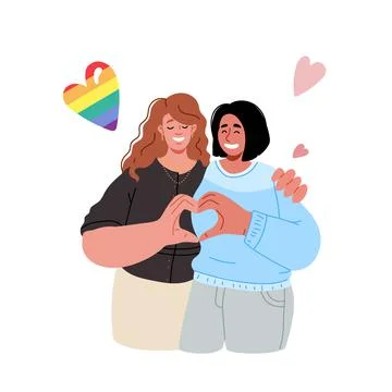 Lesbian couple hugging,making heart with hands.Vector flat illustration Stock Illustration