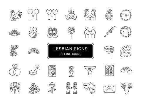 Lesbian signs, 32 line vector icons Stock Illustration
