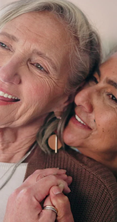 Lesbian, thinking or couple in house with holding hands, nostalgia or happy Stock Footage 339128693