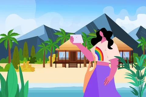 Lesbian using tablet pc girl wearing t-shirt with rainbow flag transgender love Illustrazione stock