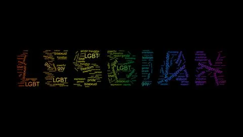 Lesbian word made from tags cloud in LBGT rainbow colors on black background Stock Illustration