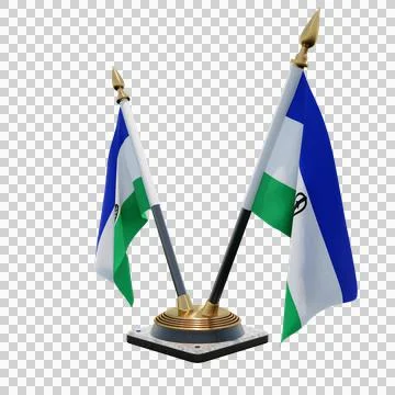 Lesotho 3d illustration flag on pole. Wood flagpole Stock Illustration