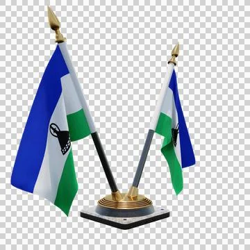 Lesotho 3d illustration flag on pole. Wood flagpole Stock Illustration