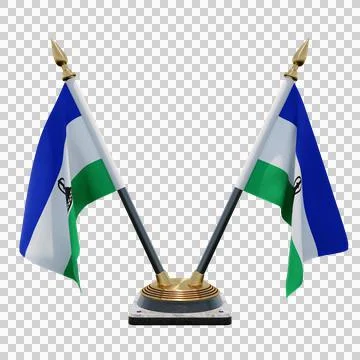 Lesotho 3d illustration flag on pole. Wood flagpole Stock Illustration