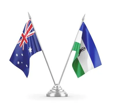 Lesotho and Australia table flags isolated on white 3D rendering Stock Illustration