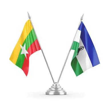 Lesotho and Myanmar table flags isolated on white 3D rendering Stock Illustration