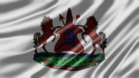 Lesotho coat of arms displayed on a waving fabric surface motion clip Stock Footage 344031363